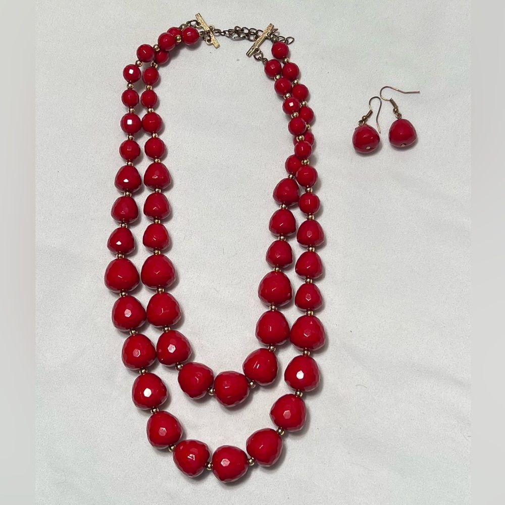 60's Vintage Faceted Cherry Double Strand Necklace & Matching Earrings